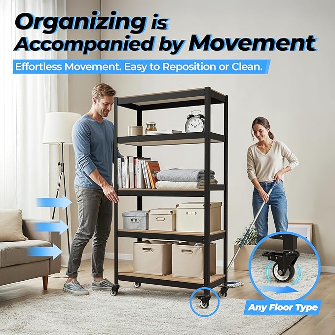 HOMEDANT House 36.2" 5-Tier Metal Rolling Cart Shelf Rack Casters Heavy Duty Laminated Wheel Shelving Unit Adjustable Utility Storage Shelves Shelf Kitchen Garage Black 1Pack