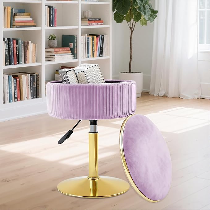 Adjustable Vanity Stool with Storage, 360° Swivel Makeup Stool Chair Small Velvet Round Ottoman with Gold Base for Bedroom (Purple)