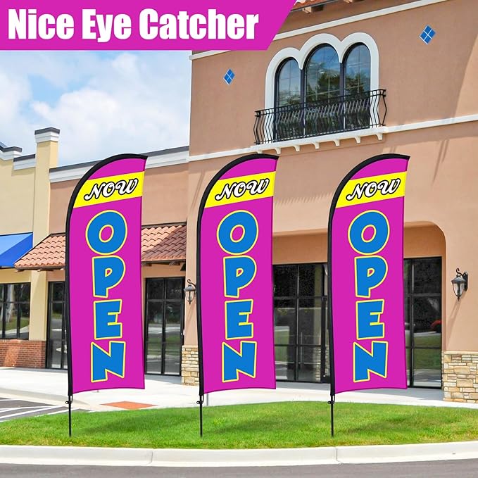 Buryeah 3 Sets Now Open Feather Flag Pole Kit for Business Advertising 7 ft Open Flag Banner Sign with Pole Kit Ground Stake and Portable Bag for Outside Ground (Lavender)