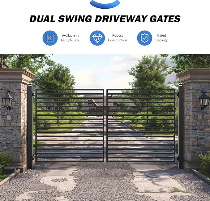 ZUMI Dual Swing Driveway Gate, 12x6 ft. Outdoor Steel Fence for Home Security, Heavy-Duty Weatherproof Iron Kit, Brooklyn Style