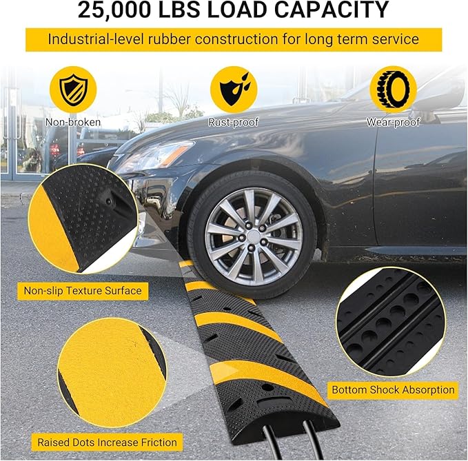 6 FT Heavy Duty Rubber Speed Bump 6-Pack, Driveway Cable Protector Ramp with Installation Bolts for Parking Lots, Garage & Gravel Roads