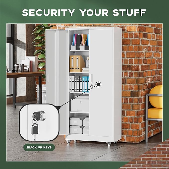 Greenvelly 73" Storage Cabinet with Wheels,Metal Rolling Garage Cabinet with Locking Doors and 4 Adjustable Shelves for Home,Kitchen,Office,Warehouse(32" W x 16" D White)