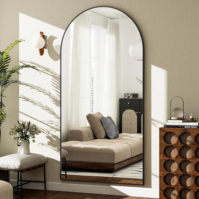 GLSLAND-30x71 inch Wall Mount Arched Full Length Mirror-Aluminum Alloy Frame High Definition-Full Body Mirror for Bedroom or Living Room,Black