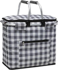 Insulated Picnic Basket,40L Leak-Proof Cooler Bag,Grocery Basket with Lid,2 Sturdy Handles,Storage Basket for Picnic, Picnic Basket for 4 Persons (Black Grid)