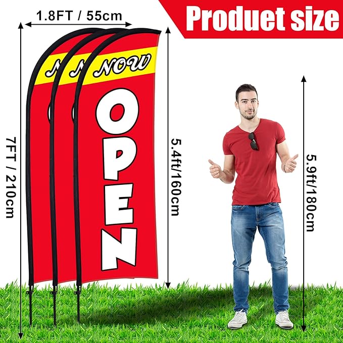 Buryeah 3 Sets Now Open Feather Flag Pole Kit for Business Advertising 7 ft Open Flag Banner Sign with Pole Kit Ground Stake and Portable Bag for Outside Ground (Red)
