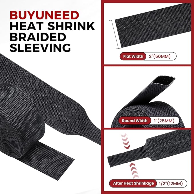 Heat Shrink Wire Loom 2:1 Shrinkable Braided Cable Sleeve 1 Inch ID-46ft Abrasion Protection Flexibility Fabric Wiring Harness Cover Sheath