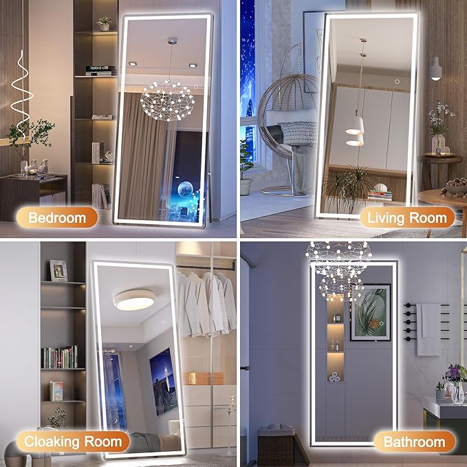Hasipu Full Length Mirror with Lights, 71" x 27.6" LED Lighted Floor Standing Mirror, Full Body Dressing Hanging Mounted, Dimmable, Tempered Glass, Safe to Use, Square Black