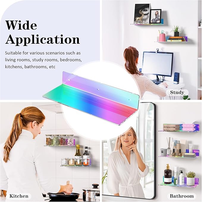 2 Pack Iridescent Acrylic Floating Shelves 15 Inches, Wall Hanging Bathroom Shelves, Wall Storage Shelf for Kitchen, Dining Room, Living Room, Bedroom, Bathroom, Retail, Supermarket