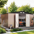 14x12 FT Outdoor Storage Shed, Utility Steel Tool Shed with Lockable Door and Air Vents, Galvanized Metal Shed for Garden Backyard Patio Lawn (14'x12', Brown)