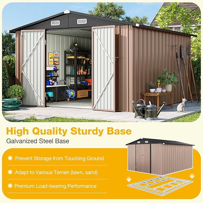 10x12 FT Outdoor Storage Shed with Floor Foundation & Lockable Double Doors, Heavy-Duty Galvanized Steel Outdoor Metal Shed for Bike, Tool Storage in Backyard, Patio (10’x12’, Floor Base)
