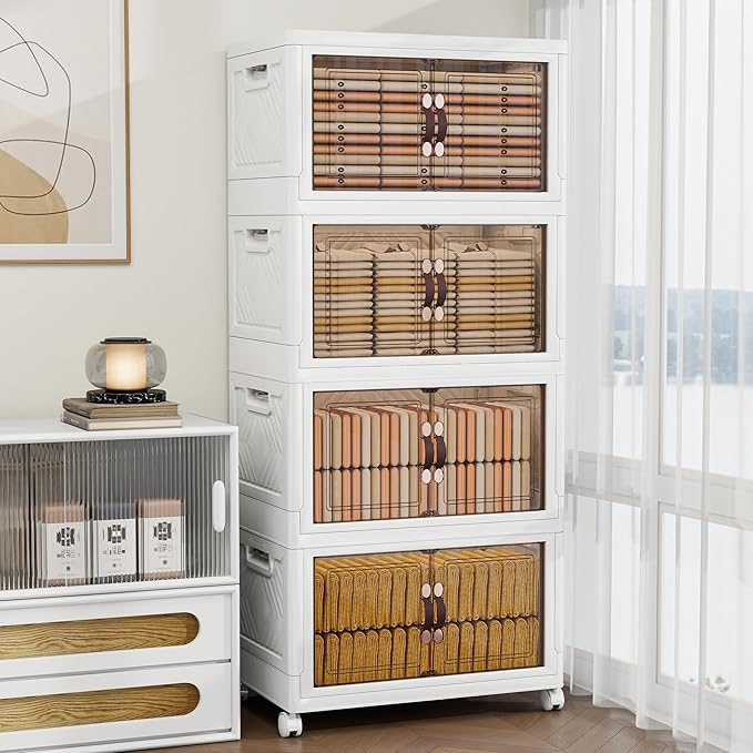 Storage Bins with 2 Lids and Wheels, 942QT-157QT*6Tier Collapsible Bathroom Storage Cabinet with Clear Doors, Plastic Stackable Closet Organizers and Containers White