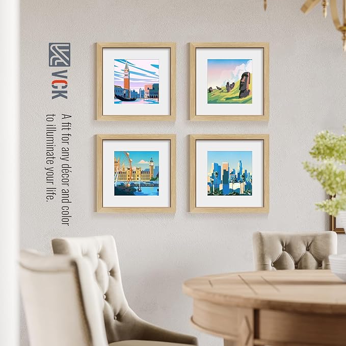 VCK 12x12 Picture Frame 2 Pack - Natural Oak, High-End Wood Poster Frames with Tempered Glass, Display 8x8 Photo with Mat or 12x12 without Mat, Art Gallery-Quality, Wall Hanging, Natural Oak