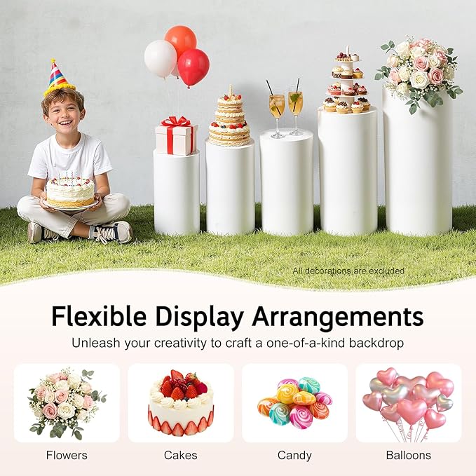Cylinder Stands for Party, 5Pcs Round Pedestal Stand, Foldable White Round Large Columns Tables, Plinth Pillars for Parties Baby Shower Birthday Wedding Display Decoration Ceremony Art Decor