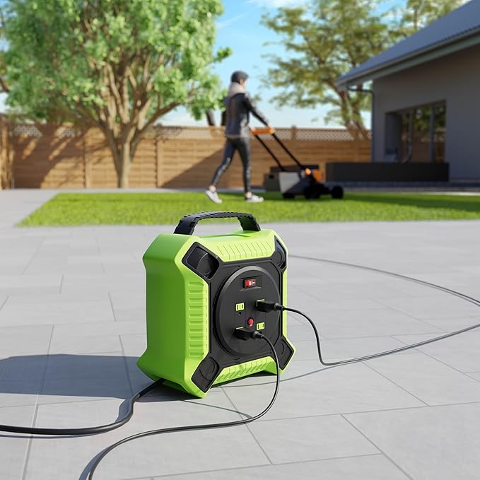 35 FT Retractable Extension Cord Reel Heavy Duty 14AWG/3C SJTW Power Cord Reel with 4 Electrical outlets for Garage and Shop, 10 Amp Circuit Breaker ETL Listed