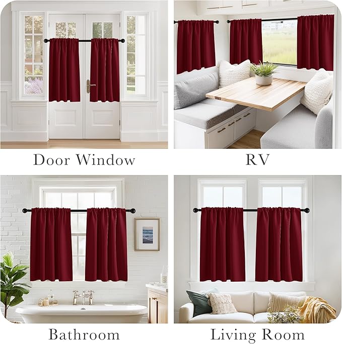 PONY DANCE Burgundy Short Blackout Curtains for Kitchen 2 Panels Set, Thermal Insulated Half Window Drapes for Christmas Decorations, Small Curtains for Bathroom, W 29 x L 24 inches, Red