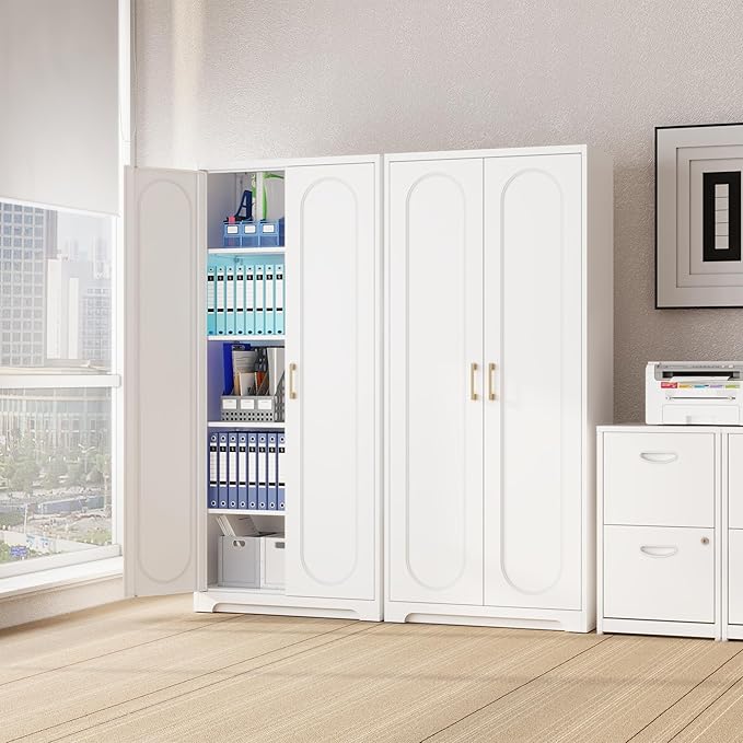 Kitchen Pantry Cabinet,71”Metal White Storage Cabinet with Doors and Shelves,Tall Cabinet with 2 Gold Hands for Dinning Room,Living Room