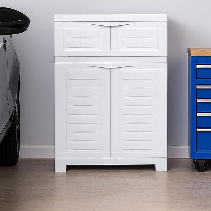 Sunnydaze Plastic Garage Storage Cabinet with Adjustable Shelf - 34.5" H - Garage, Office, Home, Laundry Room - Speckled White