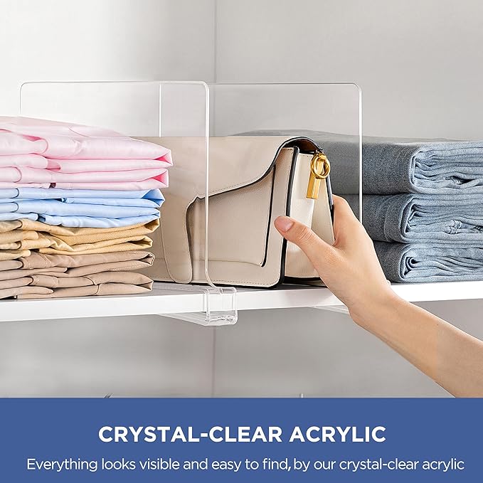 HBlife 8 Pack Clear Shelf Dividers, Vertical Purse Organizer for Closet Perfect for Sweater, Shirts, Handbags in Bedroom and Kitchen, Adjustable Acrylic Bookshelf for Organization