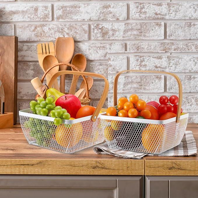 6 Pcs Metal Mesh Steel Basket with Handle Small Shopping Baskets Square Wire Harvest Storage for Kitchen Storage Garden Picnic Bathroom Organizing, 8.46 x 8.46 x 4.13 Inch(White)