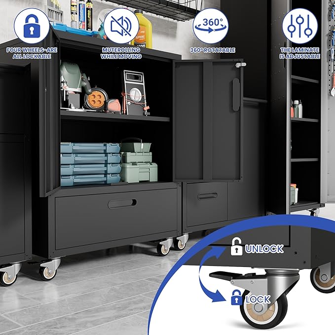 Metal Tool Storage Cabinet with Wheels,Black Heavy Duty Mobile Rolling Tool Cabinets for Garage,Metal Storage Cabinets with 2 Locking Doors and 1 Drawer,Assembly Required