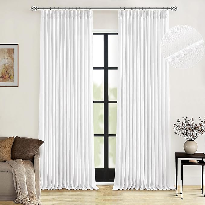 Extra Long Snow White Pinch Pleated 132 Inch Linen Curtains 2 Panels for Living Room Bedroom Memory Training Shaped Semi Sheer Pleat Drapes with Hooks Rings Light Filtering Window Curtain 40x132