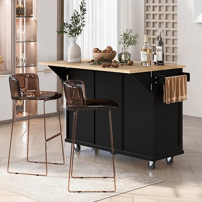 Yayzy Rolling Kitchen Island with 2 Bar Stools, Drop Leaf, Cabinet Door Storage Racks & 3 Drawers, Mobile Kitchen Cart with Rubberwood Top & Locking Wheels for Dining Room & Kitchen, 53-Inch, Black