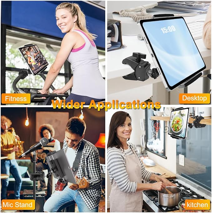 Tablet Holder for Mic Stand/Stroller/Treadmill/Wheelchair/Spin Bike/Peloton/Indoor Cycle, 360° Swivel iPad Mic Stand Mount Adjustable iPad Clamp Mount for All 4.7 to 12.9 inch Tablets Smartphones