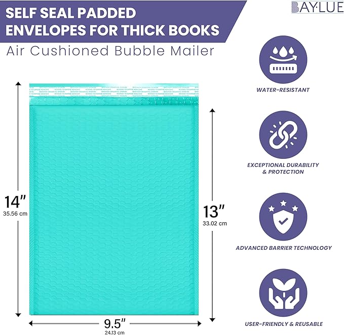 Teal 10x13 Inch Poly Bubble Mailers |Self Seal Padded Envelopes for Thick books | Air Cushioned Bubble Mailer | Usable Size 9.5x13 Inch | Waterproof Lightweight Mailing Shipping Bags | 100 Pack Bulk