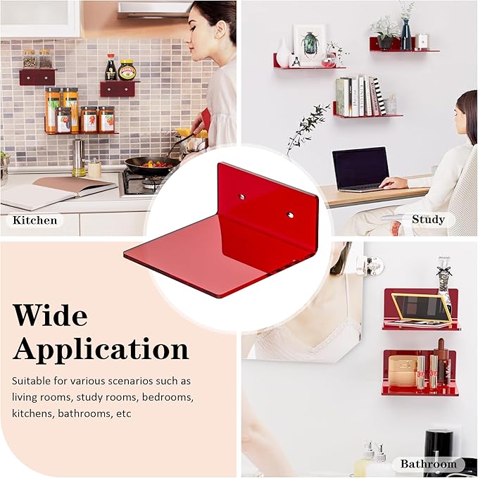 6 Inches Acrylic Small Wall Shelves, Red Floating Shelf for Wall Mounting, Acrylic Display Ledges for Funko Pop Figures, Home Décor, Living Room, Gaming Room, Plants, 2 Pack