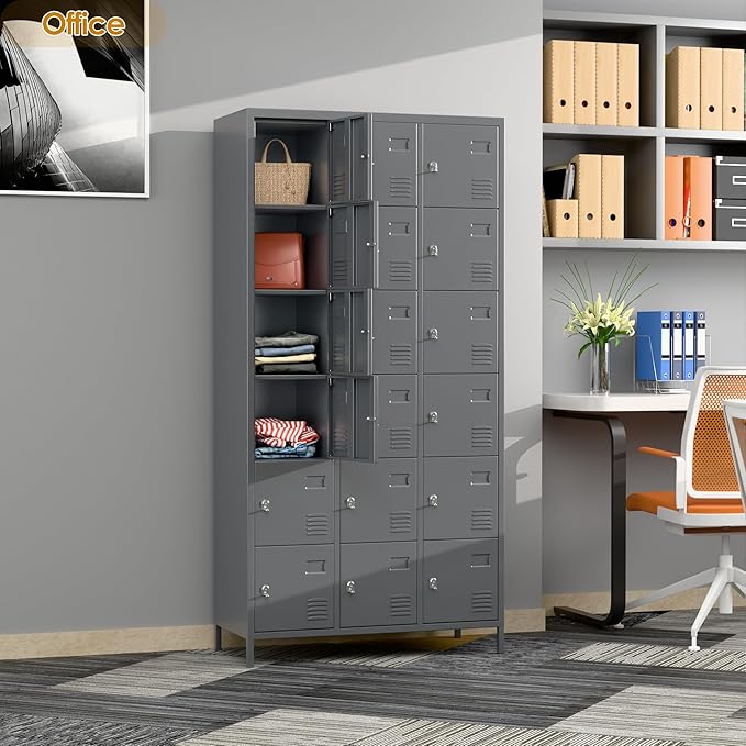 Aobabo 18 Doors Metal Locker for Employees,Metal Storage Locker Cabinet with Lock and Leg, for Office Garage School Home Industrial, Assembly Required, Dark Grey