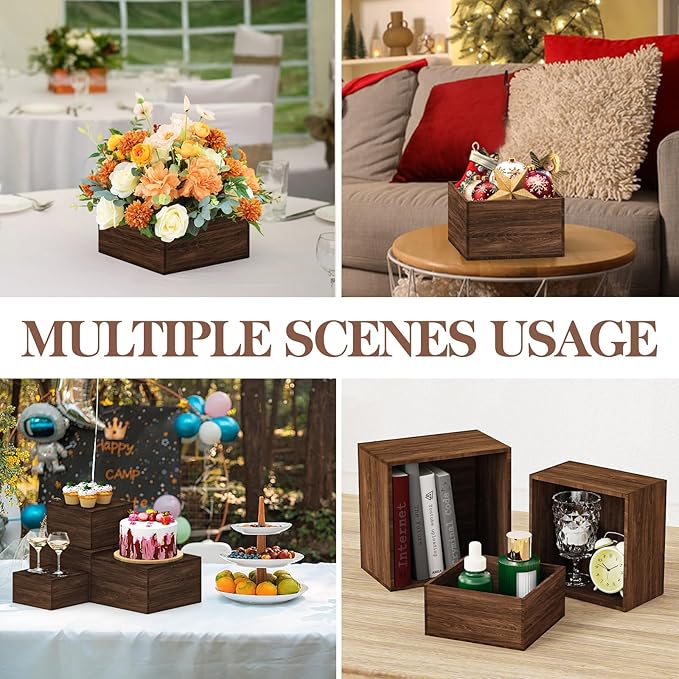 8 PCS Wooden Buffet Risers, Rustic Wood Cake Cupcake Stands, Square Food Risers for Buffet Table, Catering Dessert Table Display Set, Stackable Wooden Crates for Party, Decor, Wedding, Birthday
