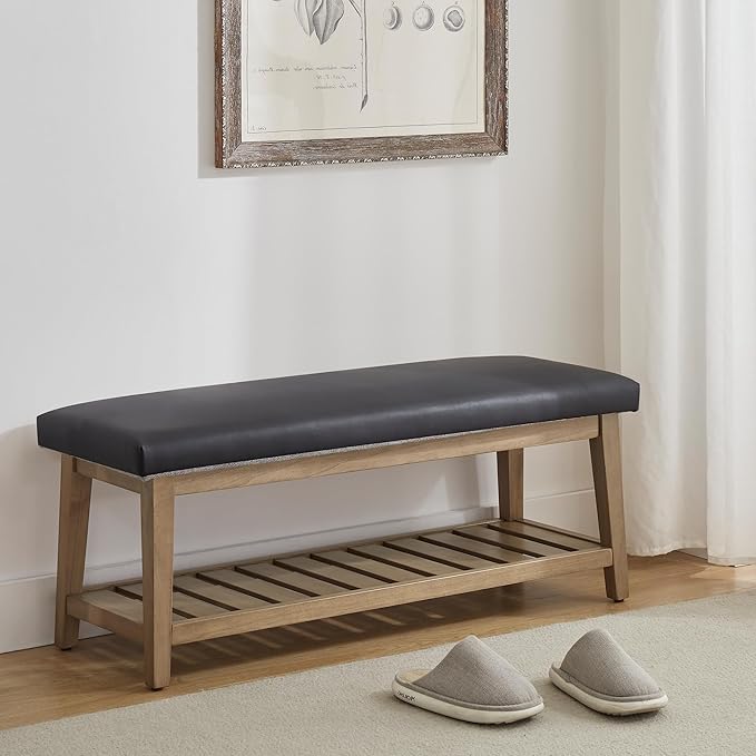 Entryway Bench, PU Leather Upholstered Shoe Benches for Bedroom, Ottoman Bench with Solid Wood Shelf, Storage Bench for Hallway, Living Room(Black)