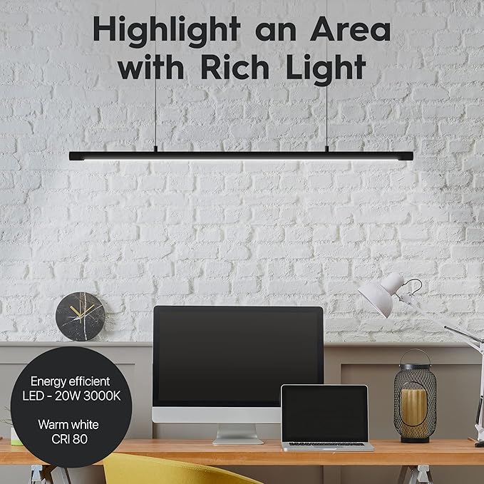 LED Linear Pendant Light, Office Light, Flicker-Free, Non Dimmable, Modern Ceiling Lighting for Bedroom Dining Room Table, 20W 3000K Warm Light 47.2" Black