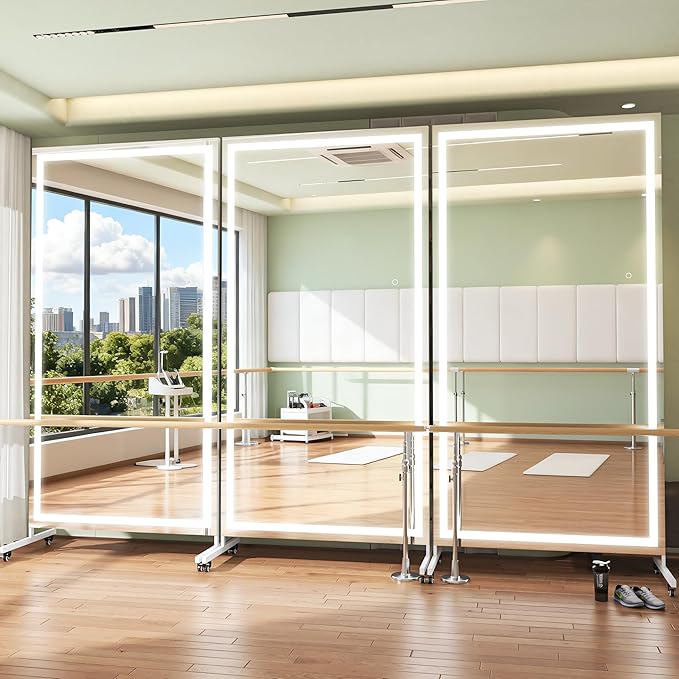Hasipu Home Gym Mirror with Light 360° Swivel on Wheels, 79" x 32" Extra Large Full Length Rolling LED Mirror for Yoga Studio, Bedroom, Dancing Studio, White
