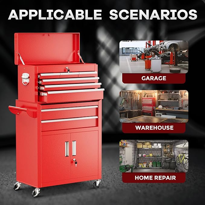 Bonusall 8 Drawer Rolling Tool Chest and Cabinet Combo,Heavy-Duty Metal Garage Tool Chest with Wheels and 2 Doors,2-in-1 Top Box and Roller Cabinet Combo for Garage, Workshop, Warehouse-Red