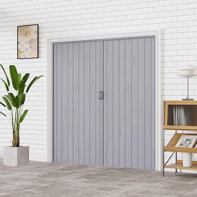 72" x 80" Accordion Doors Interior Folding Door, Grey PVC Accordion Door for Opening Width: 61"-72", Adjustable Height & Width, Two Strong Magnetic Blocks for Close Tightly, Protect Privacy