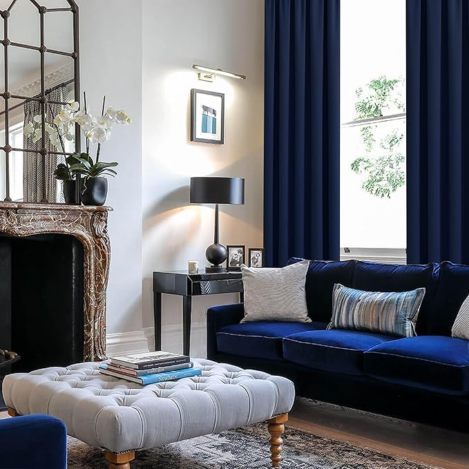 JIUZHEN Blackout Curtains for Bedroom - Thermal Insulated Room Darkening Rod Pocket Curtains for Living Room, Set of 2 Panels with Tiebacks, 38 x 84 Inch Length, Navy Blue