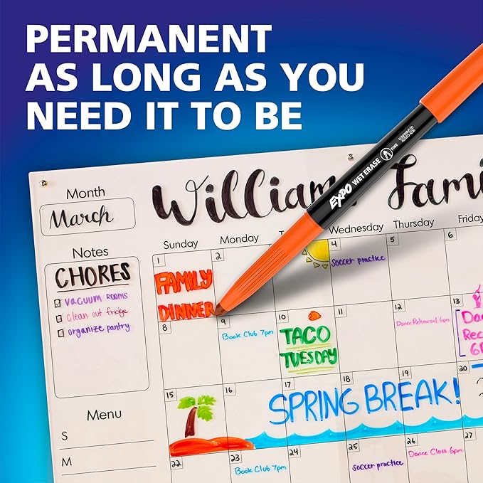 EXPO Wet Erase Markers, Semi-Permanent, Assorted Colors, Fine Tip, 8 Count - For Writing on Glass, Whiteboards, Mirrors, Calendar, Labeling, Organizing
