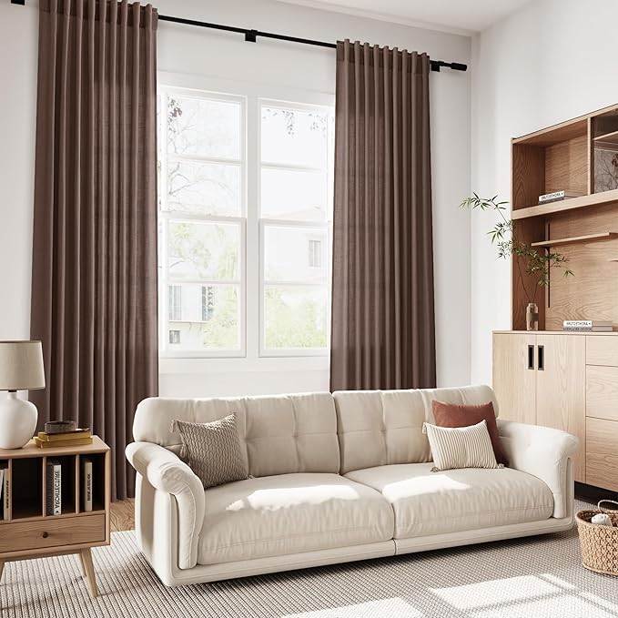 Nanspring Cappuccino Linen Blend Light Filtering Back Tab Curtains 96 Inches Long, Semi Sheer Privacy Drapes for Living Room & Bedroom, 52x96 inch, 2 Panels