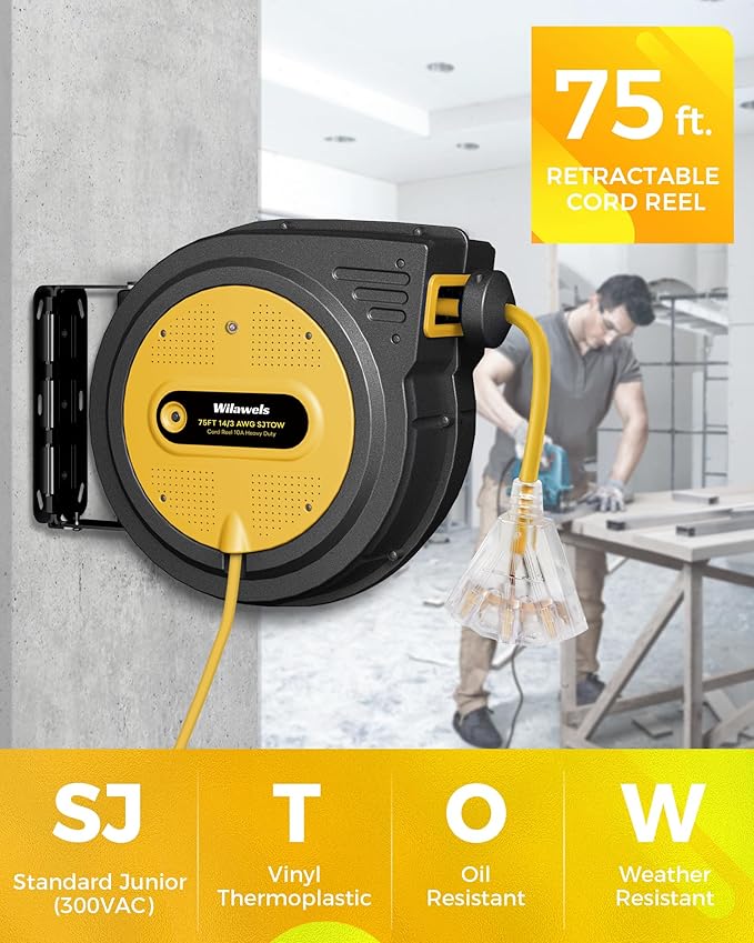 75 FT Retractable Extension Cord Reel, Heavy Duty Power Cord, 14AWG/3C SJTOW, 3 Grounded Outlets Lighted Triple Tap, 10A Circuit Breaker, Wall/Ceiling Mounted, ETL Listed, Yellow Y75ACR06