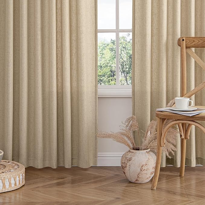 MIULEE Non-See-Through Privacy Linen Curtains 2 Panels, Light Filtering Window Curtains Farn House Textured Back Tab Semi Sheer Drapes for Bedroom Living Room, 52 x 63 Inches Long, Copper Brown