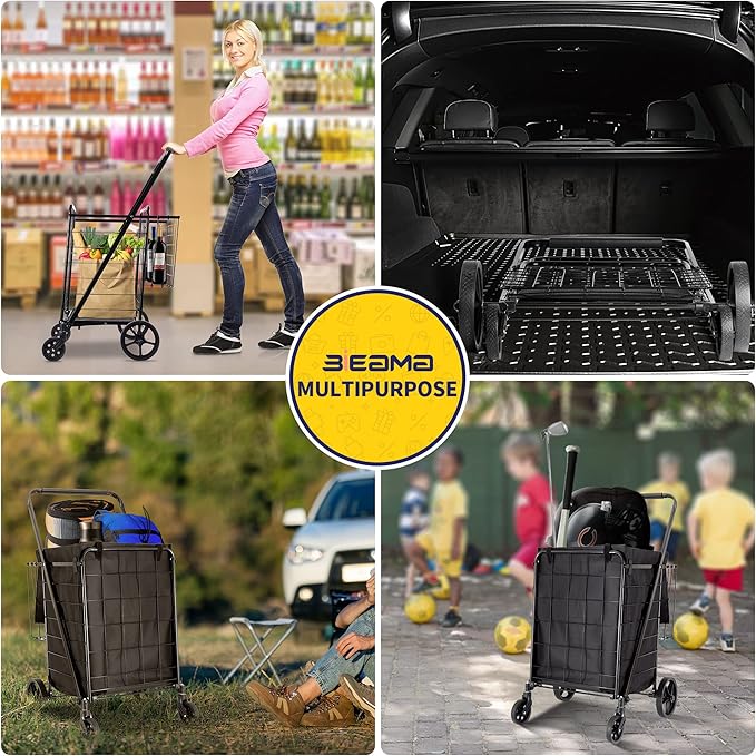 Folding Shopping Cart with Waterproof Liner, Grocery Cart Large Bag with Top Cover, 340 Lb Capacity, Utility Cart with 360° Rolling Swivel Wheels, Large & Extra Basket