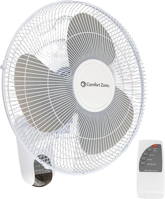 Comfort Zone 16-inch Wall Mount Fan with Remote Control, Quiet 3-Speed Operation, Timer, Adjustable Tilt – Ideal for Bedroom, Home, Gym & Office