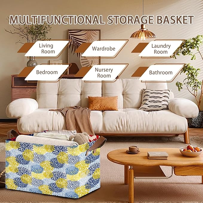 Floral Chrysanthemum Storage Basket Large 17x11.5x10.5 Inche-Collapsible Fabric Organizer Bin with Handles for Seasonal Decor,Living Room,Porch-Decorative Hamper with Elegant Blossom Pattern-1 Pack
