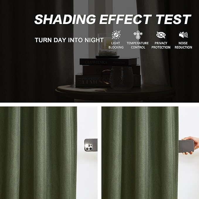 DUALIFE 92 Inch Curtains & Drapes Olive Dark Green 2 Panels,Back Tab Ceiling Viral Pleated Hooks Curtain for Track System,Thermal Boho Curtains for Bedroom Burg Living Room Dining Room,50x92