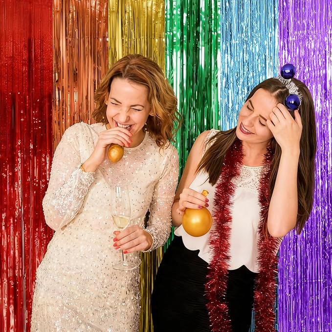 2 Pack Rainbow Party Backdrop Streamers Decorations Colorful Foil Fringe Curtains Metallic Tinsel Backdrop for Birthday First Day of School Engagement Baby Shower Christmas Holiday Party Decor