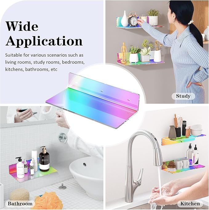 12 Inches Iridescent Acrylic Wall Shelves Set of 2, Wall Mounted Shelf for Funko Pop Shelves, Smart Speaker, Plants, Picture Frame, Digital Clock, 2 Pack