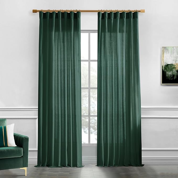 XTMYI Emerald Dark Green Curtains for Living Room 84 Inches Long 2 Panels Set Linen Rod Pocket Back Tab Hooks Pleated Hunter Green Vintage Retro Curtains for Bedroom Decor Dining Room