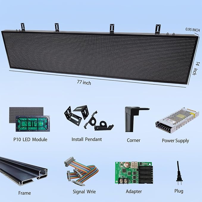 P10 LED Signs Programmable Outdoor 77"x14", IP65 Waterproof Scrolling LED Sign, Vibrant Colors Digital Led Signage Displays, Wifi + USB Control Open Signs for Business