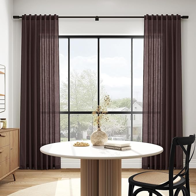 Coffee Brown Linen Curtains 84 Inch Length 2 Panels for Living Room Rod Pocket Back Tab Light Filtering Window Drapes for Bedroom Office Protect Privacy Modern Farmhouse Decor 52x84